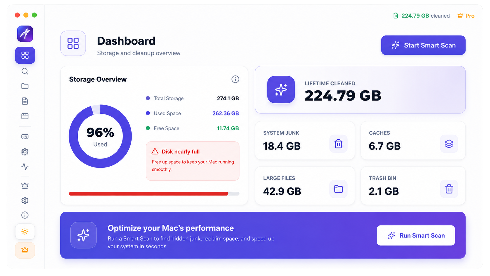 MacPrune dashboard showing storage overview and cleanup categories