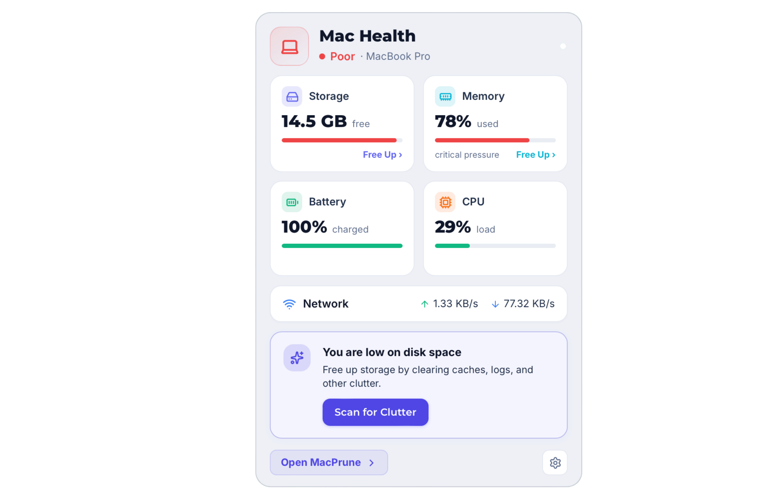 MacPrune menu bar dropdown showing storage, memory, battery, CPU, and network readings